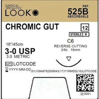 Sutures. Chromic Gut. 525B 3-0 18" C-6 3/8 Circle 19mm 12/Pk image 0