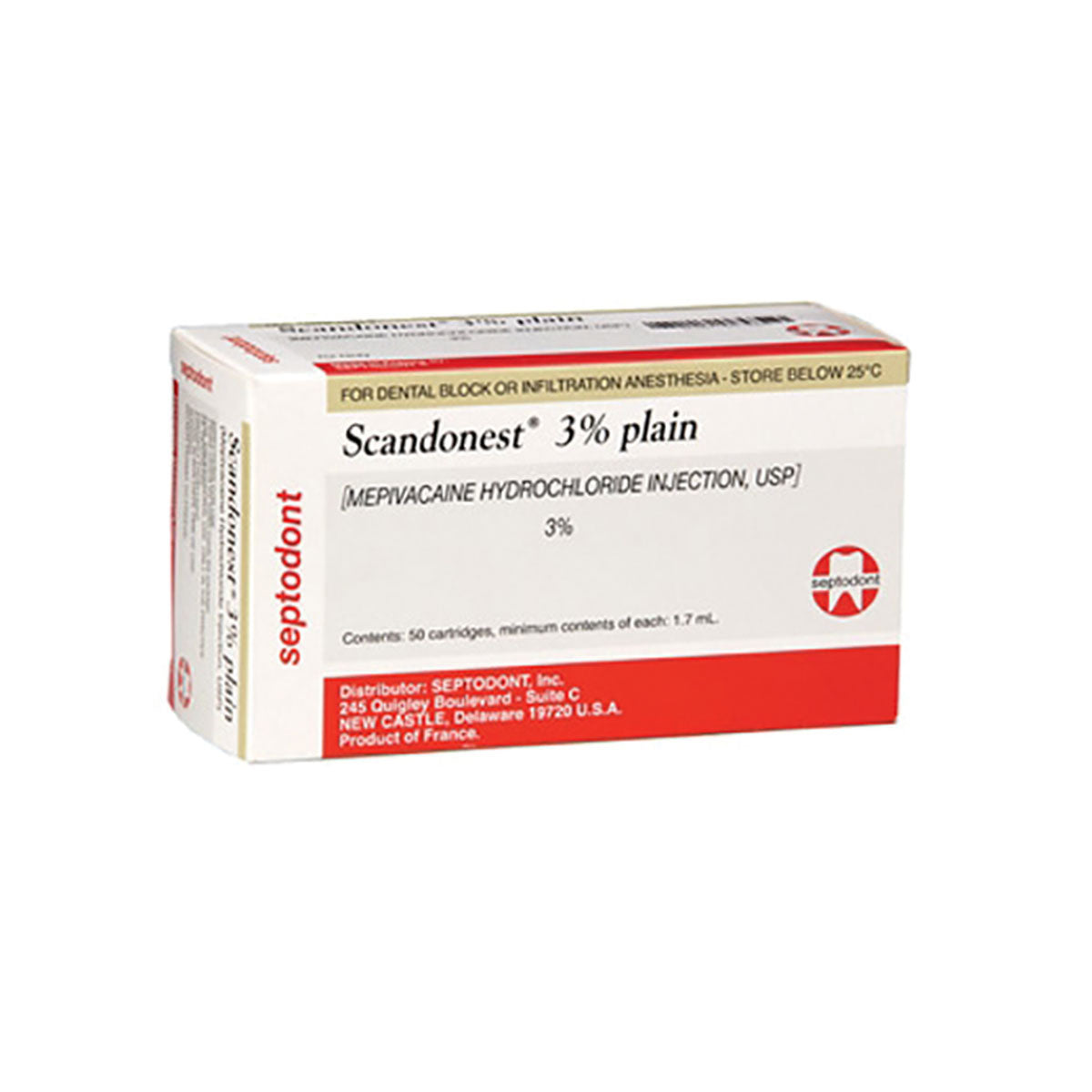 Scandonest 3% Plain Mepivacaine 50/Box containing 5 blisters of 10 x 1.7 ml glass cartridges image 0