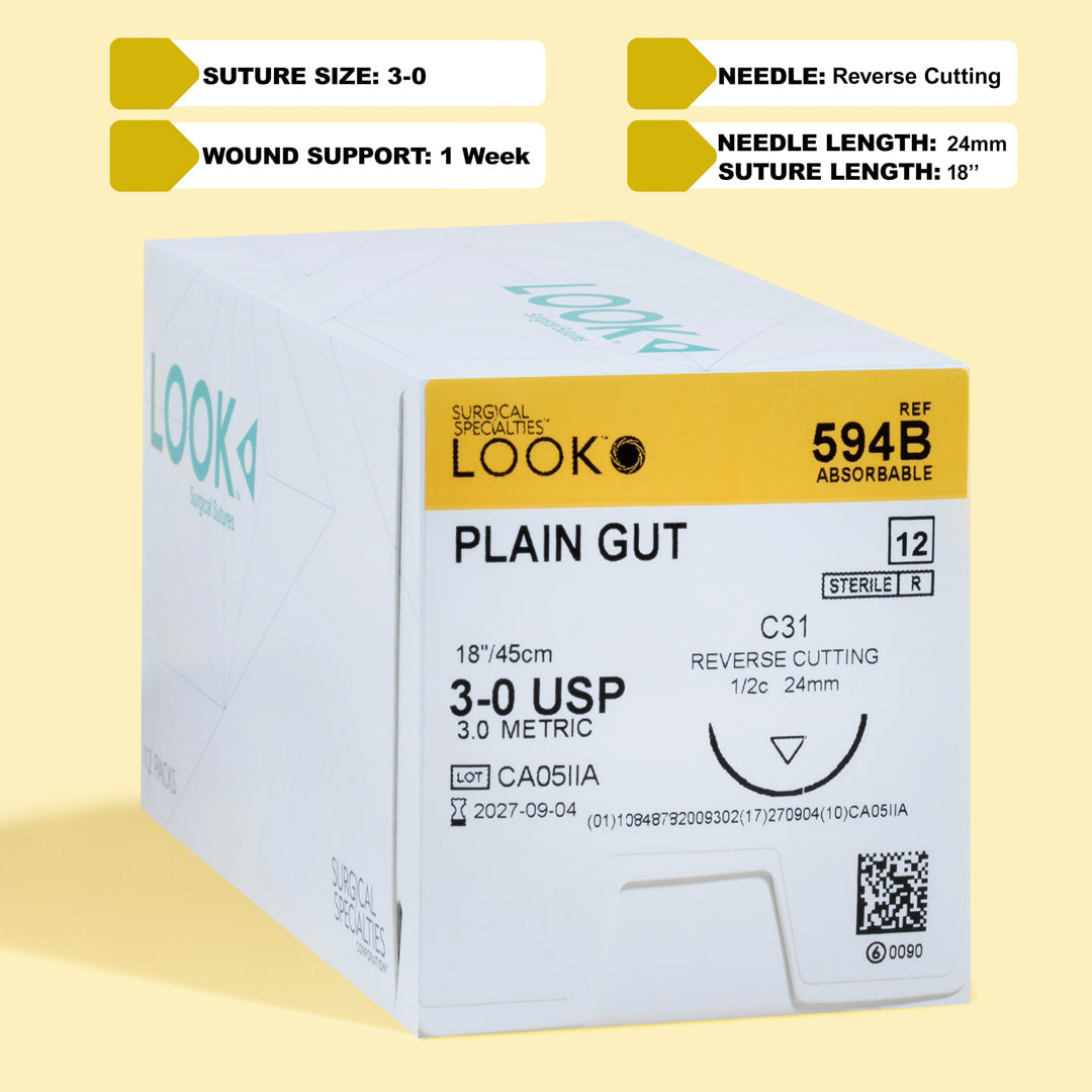 Sutures. Plain Gut. 594B 3-0 18" C-31 1/2 Circle 24mm 12/Pk