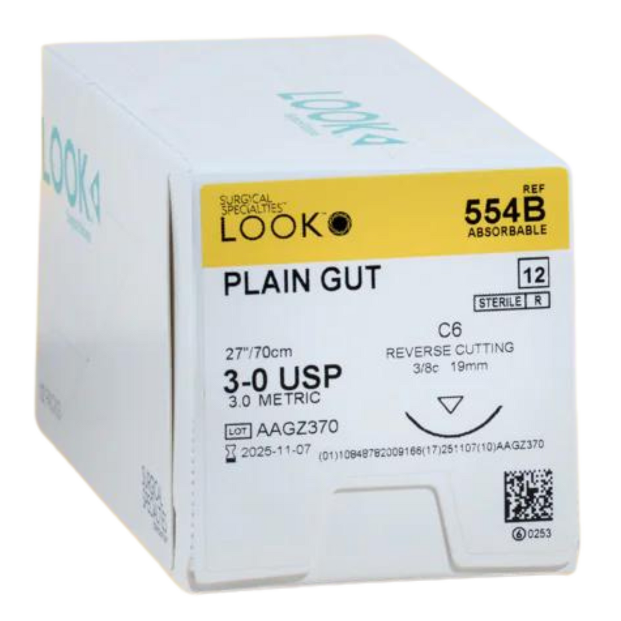 Sutures. Plain Gut. 554B 3-0 27" C-6 3/8 Circle 19mm 12/Pk