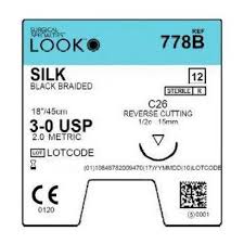 Sutures. Silk Thread. 778B 3-0 18" C-26 1/2 Circle 15mm 12/Pk