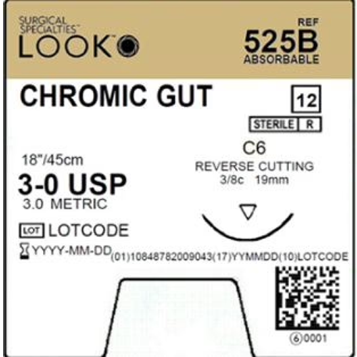 Sutures. Chromic Gut. 525B 3-0 18" C-6 3/8 Circle 19mm 12/Pk